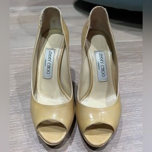 JIMMY CHOO PATENT LEATHER PEEP TOE PUMPS 36